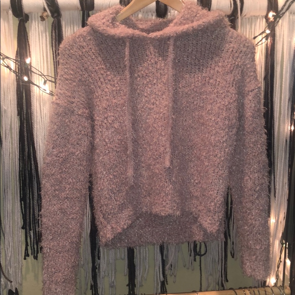 Fuzzy cozy fitted hooded dusty pink sweater